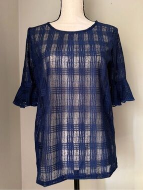 RAIN | Navy Blue Plaid Sheer Mesh Ruffle Sleeve Blouse Top | Size S